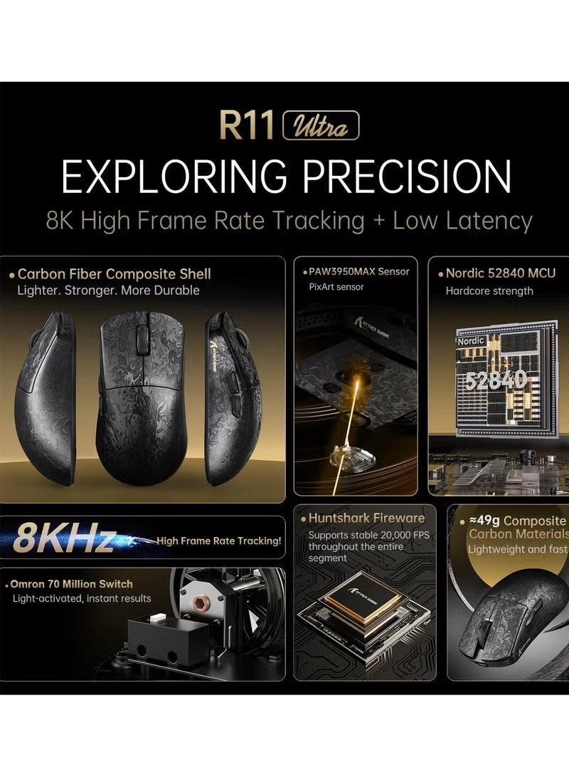 هجوم القرش ماوس الألعاب اللاسلكي R11 Ultra 8K المصنوع من ألياف الكربون، بدقة 42000 نقطة في البوصة، ومستشعر PAW3950 MAX، ووزن خفيف للغاية 49 جرامًا، وشريحة معالج Nordic 52840، قابل للبرمجة (سلكي/بلوتوث/2.4 جيجاهرتز)، مع كابل ملفوف بإضاءة RGB لأجهزة الكمبيوتر (موجة سوداء). - Image 3